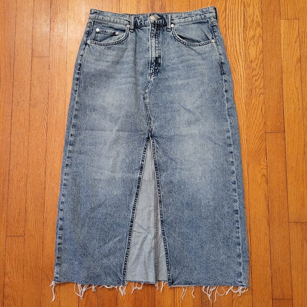 Rag Bone 31 CLARA High Waist Distressed Denim Maxi Skirt Frayed Hem Front Slit B
